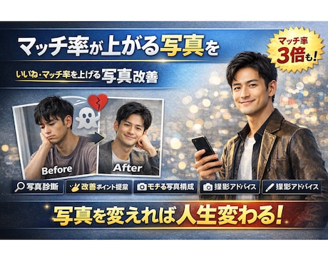 マッチ率が上がるプロフィール写真を徹底改善します いいね・マッチ率を上げる写真改善 イメージ1