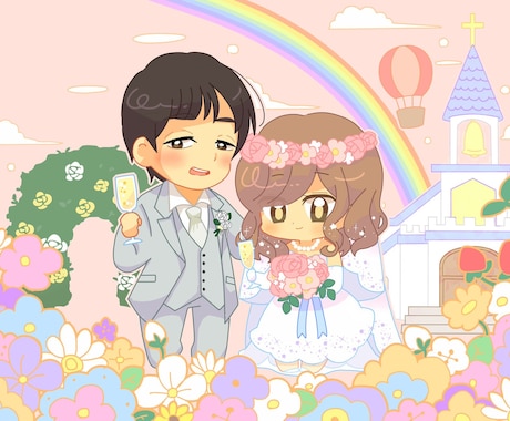 背景モチーフ込みのデフォルメイラスト描きます 記念イラストやSNSのヘッダー、動画のサムネイルなどに イメージ1