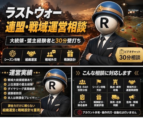ラストウォー連盟・戦域運営の相談にのります Tier1常連大統領・盟主経験者が攻略や組織運営を手伝います イメージ1