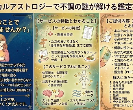 不調の原因を解明！【健康取扱説明書】作成します 「なんとなく不調」を解消！管理栄養士が星で紐解く体質改善 イメージ2