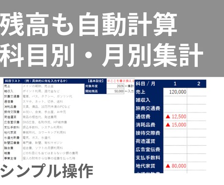 副業の収支を簡単管理できるExcel表を提供します 入力するだけで残高と月別収支を自動集計 イメージ2
