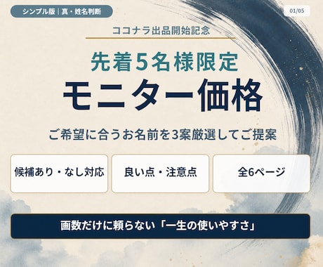 モニター版｜赤ちゃんの名前を真・姓名判断します 必要項目に絞った低価格の命名入門プランをモニター価格で イメージ1