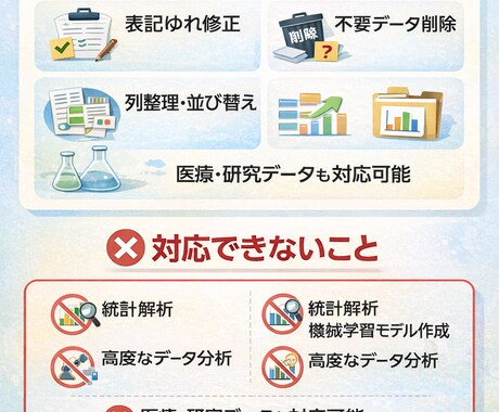CSV・Excelのデータ整理・集計を代行します 散らかったデータを「使える形」に整えます。 医療データも可！ イメージ2