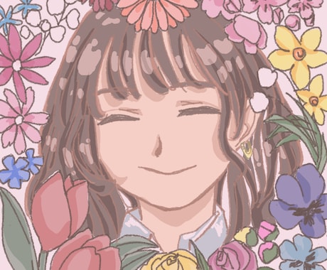 お花に囲まれた人物アイコンお描きします 好きなお花に囲まれたアイコンイラストを作成しませんか イメージ1