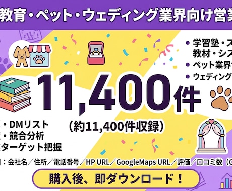 教育・ペット系営業リスト11400件|全国あります 学習塾・ペットサロン・ウェディング全国CSV イメージ1