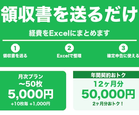 領収書を送るだけ！経費をExcelにまとめます 個人事業主・フリーランスの確定申告準備をお任せください イメージ1