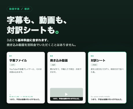 英語・日本語の字幕をつけます｜対訳シート付けます 原文と訳文を並べた対訳シート付き。中身を確認してから使えます イメージ1