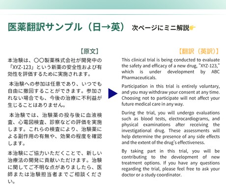 治験・医学文書など【医薬翻訳（日→英）】を承ります 専門翻訳を《実績作りのため特別価格》で対応中！ イメージ2