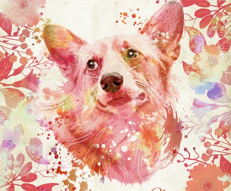 愛犬の似顔絵、アートポスター用データ作成します 選べる花のフレーム10種類！愛犬家さんのプレゼントにどうぞ