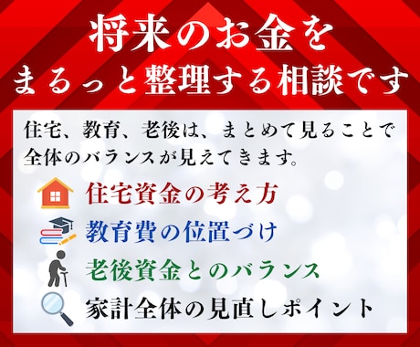 住宅・教育・老後を一気に見直す家計設計相談します FP1級が将来のお金をわかりやすく整理します イメージ2