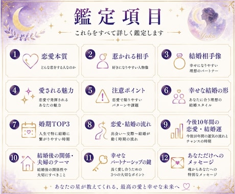 インド占星術で恋愛・結婚の取扱説明書を作ります 結婚相手像・婚期TOP3・今後10年の恋愛結婚運まで完全鑑定 イメージ2