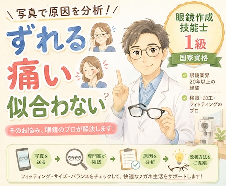 眼鏡作成技能士1級がメガネを写真診断します メガネがずれる、鼻が痛い、耳が痛い、見た目がしっくりこない… イメージ1