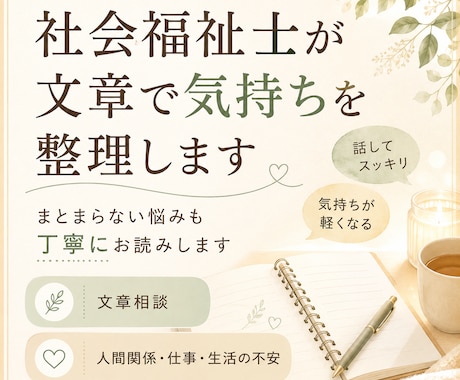社会福祉士が文章で気持ちを整理します まとまらない悩みも丁寧にお読みします。 イメージ1