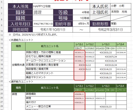 能力評価シート(旅館業/調理)を販売します 厚生労働省が公開している職業能力評価基準を採り入れています。 イメージ2