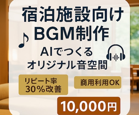 宿泊施設リピート率改善AI音楽を制作します リピート率30％増を実現する宿泊施設専用AI音楽 イメージ1