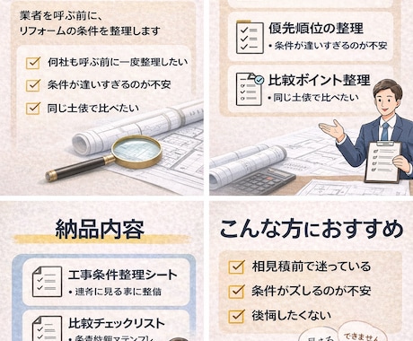 相見積を取る前にリフォーム工事条件を整理します 相見積は、取る前の準備で8割決まります。 イメージ1