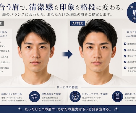 顔の骨格やパーツバランスから似合う眉毛を提案します 正面の写真からあなたに合う眉毛をビフォーアフター画像でご提案 イメージ1