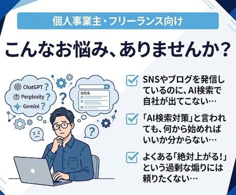 AI検索対策(GEO/LLMO/AEO)診断します ChatGPT・Perplexity・Geminiで実測診断 イメージ2