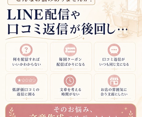 美容室・エステ向けLINEや口コミ返信文作成します LINEやSNSで配信文や口コミ返信文でお悩みのオーナー様 イメージ2