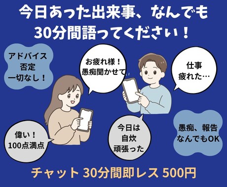 30分即レス！今日の出来事や愚痴何でもお聞きします 電話やビデオは苦手な方へ。チャットで今日あったことを教えて！ イメージ1