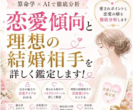 恋愛傾向と理想の結婚相手を詳しく鑑定します 愛されポイントと恋愛の癖を徹底分析します！ イメージ1