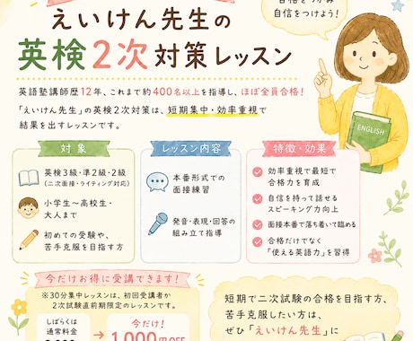 30分集中！えいけん先生英検2次対策レッスンします 初回のお試しや、直前の対策に30分集中でレッスンします！ イメージ1