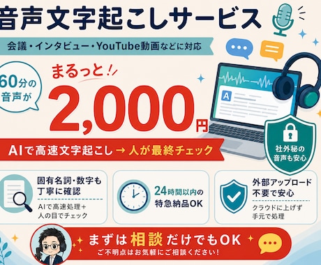 AI×人力チェックで高精度文字起こしします 完全ローカル処理で機密も安心｜60分2,000円・3日納品 イメージ1