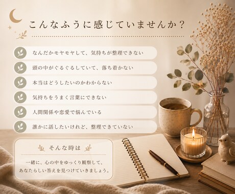 心と身体の観察ノートでモヤモヤを整理します 言葉にならない気持ちを観察し、頭の中のモヤモヤを翻訳します。 イメージ2