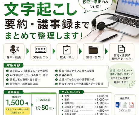 音声を文字起こし・要約・議事録まで整理します 会議・インタビュー・講義・研究など｜文字起こし後の校正・整理 イメージ1