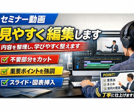 セミナー動画を見やすく編集します 内容を整理し、学びやすく整えます イメージ1