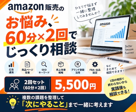 Amazon販売の改善策を一緒に整理します 60分×2回｜広告・SEO・売上改善をまとめて相談 イメージ1