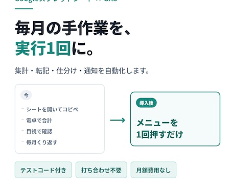 GASでスプレッドシートの手作業を自動化します テスト付きで納品。打ち合わせ不要・チャット完結 イメージ1