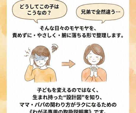 子育てがラクになる｜わが子の取扱説明書を作ります どうしてこうなるの？がわかると関わり方が自然に変わります イメージ2