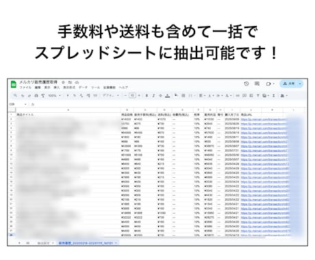 メルカリ販売履歴を抽出しエクセル・スプシ出力します 確定申告や売上管理を爆速化！利益や手数料も自動で一括取得 イメージ2