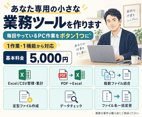 あなた専用の小さな業務ツールを作ります 毎回やっているPC作業をボタン1つに。1作業・1機能から イメージ1