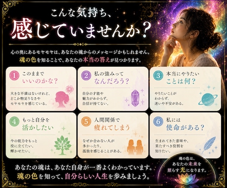 魂の色からあなたの才能・使命・役割を読み解きます ソウルカラー強み・能力・相性・開運法を約15P鑑定書でお届け イメージ2