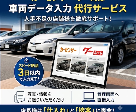車業界専門の車両データ・ネット掲載代行をします 写真と情報を渡すだけ！車屋さんの人手・時間不足を解消します イメージ1