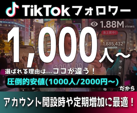 TikTokフォロワー +1,000人増加させます 安全・高品質・最短即日でフォロワー急増！ イメージ1