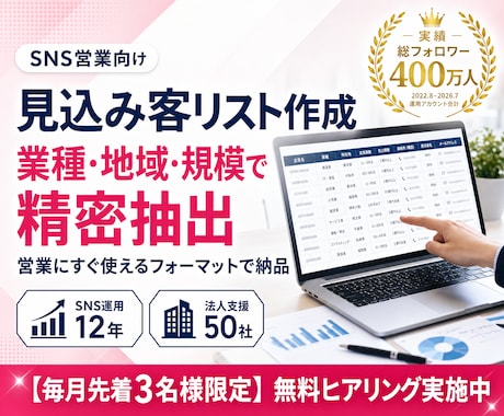 SNS営業用の見込み客リストを作成し納品します 条件指定で100件｜目視検品してシートで納品 イメージ1