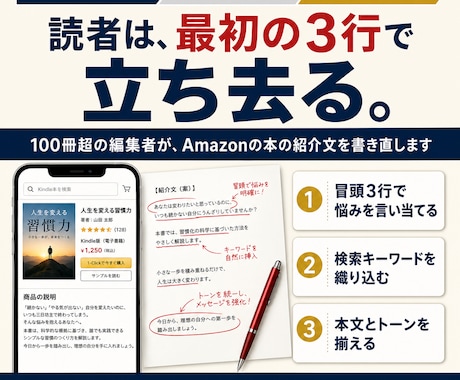 読者に届く、Amazonの本の紹介文を書きます 100冊超の編集者が、冒頭3行で読者をつかむ紹介文に イメージ1
