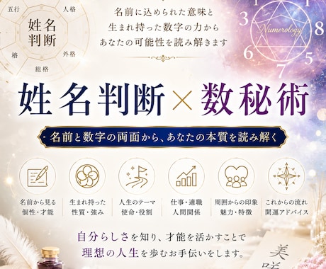 姓名判断×数秘術であなたの才能と人生を読み解きます 名前と生年月日から、あなたの個性・才能・人生のテーマを紐解く イメージ1