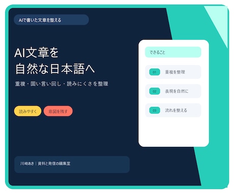 AIで書いた文章を自然で読みやすく整えます AIらしい言い回し・重複・読みにくさを整えます イメージ1