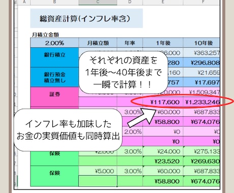 将来の資産が2分程度で計算できます 貯蓄・証券・保険の分散資産が一つの表で！ イメージ2