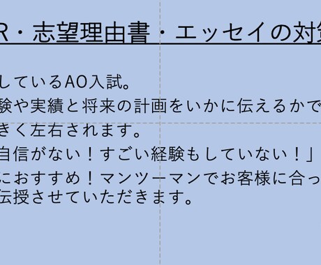 大学AO入試・海外大入試・奨学金試験、お手伝います 自己PR・志望理由の書き方・考え方を特別伝授！ イメージ2