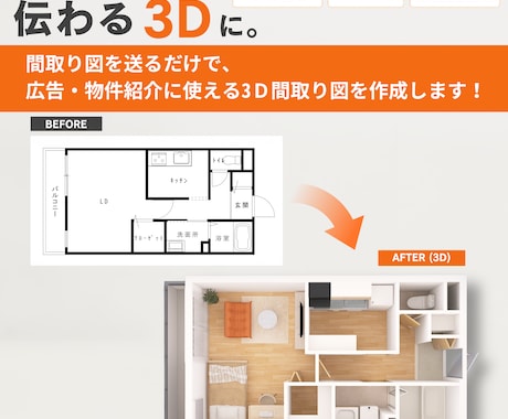 平面の間取り図を見やすい3Dにします 図面を送るだけ。家具あり・なし4点セットで納品！ イメージ1