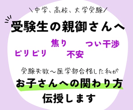 受験生をもつ親御さんの子供との関わり方を伝授します 受験失敗→医学部合格の私が、親の関わり方のコツをお伝えします イメージ1