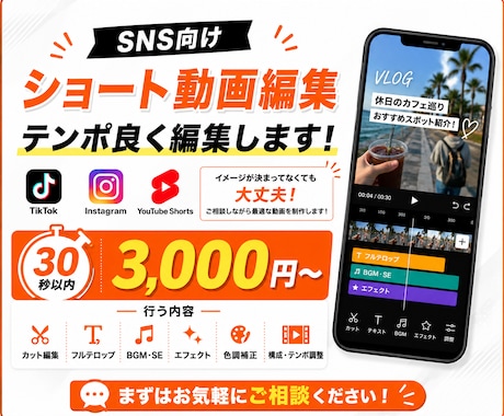 ショート動画を編集します フルテロップ・BGMなど！SNS向け動画を丁寧に製作します。 イメージ1