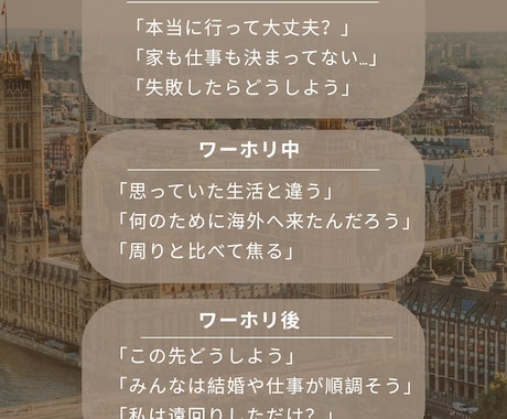 ワーホリの不安を安心に変えるお手伝いします アラサー女性のワーホリ前・中・後のモヤモヤを一緒に整理します イメージ2