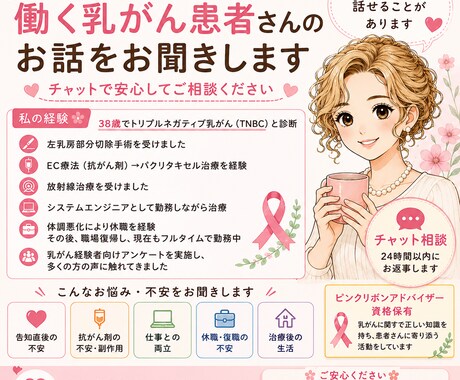 乳がん経験者があなたのお話を聞きます トリプルネガティブ乳がん経験者です イメージ1