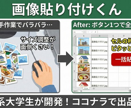 大量の画像をExcelの枠に合わせて貼り付けします 工事写真台帳や物件資料作成に！サイズ調整も全自動で完了 イメージ1